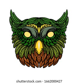 Illustration of owl head in floral style. Design element for poster, card, banner, emblem, t shirt. Vector illustration