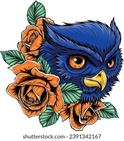 illustration of owl head with rose flowers