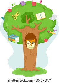 Illustration einer Schüssel innerhalb eines Baumes, der mit bildungspolitischen Elementen dekoriert ist