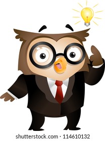 Illustration of an Owl with a Lighted Lightbulb Hovering Around His Head
