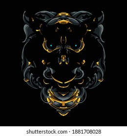 illustration of an owl with a mecha theme and blue and gold ornamen