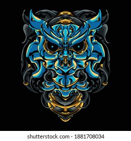 illustration of an owl with a mecha theme and blue and gold ornamen