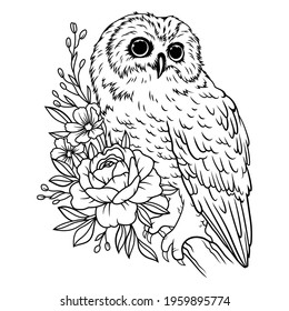 Illustration of an owl on a branch. Nocturnal animal. Bird with a floral wreath. The symbol of wisdom. Fauna.