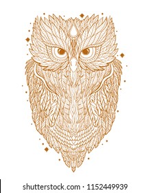 Illustration owl on forest silhouette background and star.Hand drawn vector.Prints design for t-shirts.Retro old style. Vintage Hands with Old Fashion Tattoos. Bird symbol.