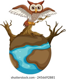 Illustration of an owl on a small earth-like sphere.