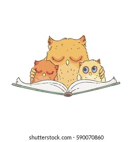 Illustration with an Owl and owlets reading the book. Knowledge Day