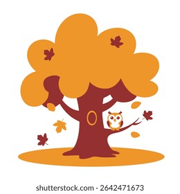 Illustration of owl perched on autumn tree, isolated on transparent background