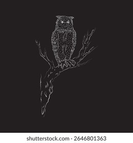 Illustration of an owl perched on a tree branch made with natural-looking digital strokes. Suitable for backgrounds, elements, and other design needs