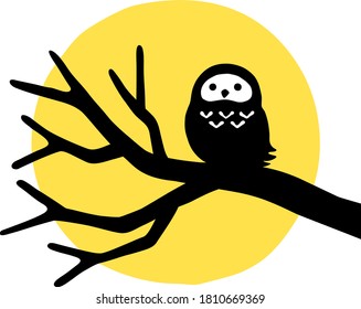 Illustration of an owl perching on a bare tree branch and  a full moon
