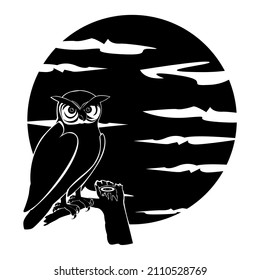 illustration of owl perching on a wooden branch and moon silhouette