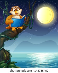 Illustration of an owl reading a book above a branch of a tree