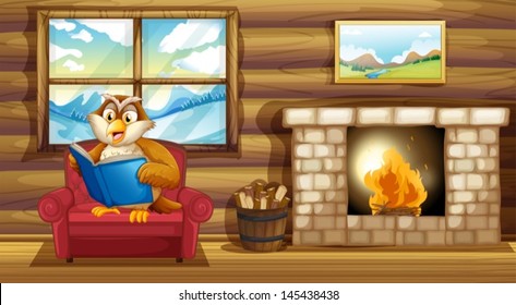 Illustration of an owl reading a book beside a fireplace 