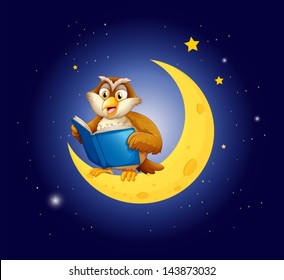 Illustration of an owl reading a book on the moon