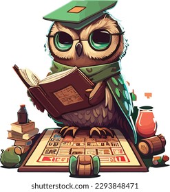 An illustration of a owl reading a book with a book on it.