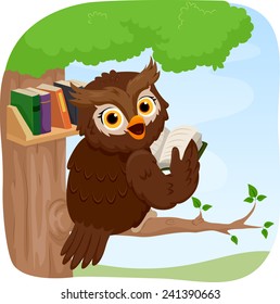 Ilustración de una lechuza leyendo un libro mientras está colocada en un árbol