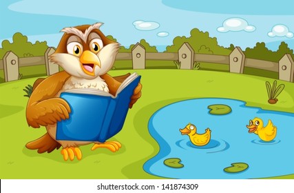 Illustration of an owl reading near the pond