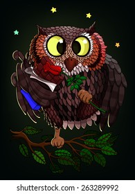 Illustration of owl with a rose and chocolate, waiting for beloved.