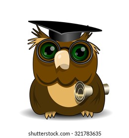 Illustration Owl scientist with green eyes on white background