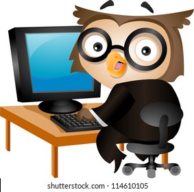 Illustration of an Owl Sitting in Front of a Desktop Computer