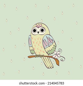 illustration with owl sitting on the branches