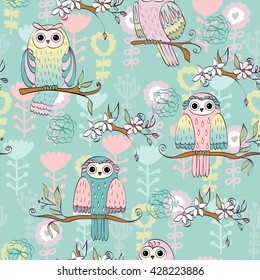 illustration with owl sitting on the branches