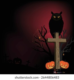 Illustration of an owl sitting on a cross on a black background. Devil pumpkin, dead tree piled on a black background. And text rainbow color set happy halloween.