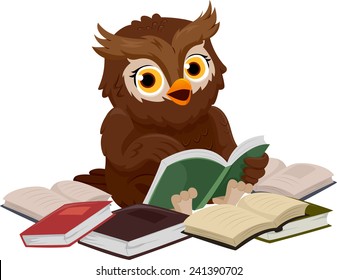 Illustration of an Owl Smiling Happily While Reading a Book