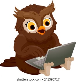 Illustration of an Owl Smiling Happily While Using His Laptop