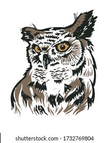 Illustration of an owl. Owl vector graphic. Scanned linocut with the image of an owl. Graphic illustration of an owl.