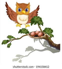 Illustration of an owl watching the eggs at the branch of a tree on a white background