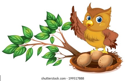 Illustration of an owl watching the eggs on a white background