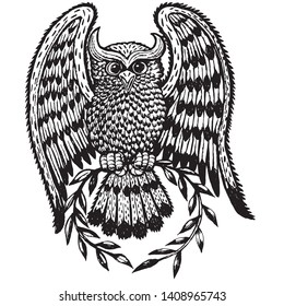 illustration of an owl with wings spread in the claws of laurel wreath