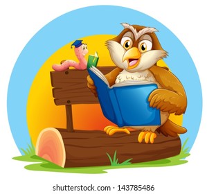 Illustration of an owl and a worm reading a book on a white background