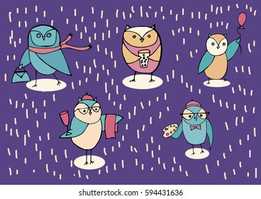 Illustration of owls in different situations