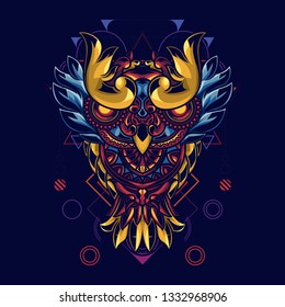 Illustration of owls with mandala ornaments. With background sacred geometry. Has a combination of gold and blue lights