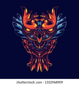 Illustration of owls with mandala ornaments. With background sacred geometry. Has a combination of gold and blue lights