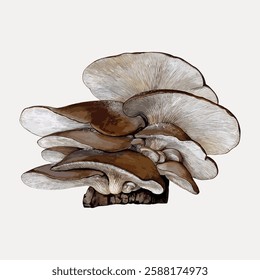 Illustration of oyster mushrooms with layered caps. The oyster mushrooms are detailed, showing texture and natural color. Perfect for culinary or botanical themes. Vintage botanical vector.