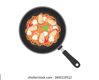 Illustration of oyster pasta cooked in a frying pan.