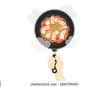 Illustration of oyster pasta cooked in a frying pan.