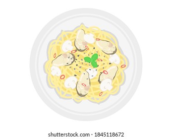 Illustration of oyster pasta on a plate.