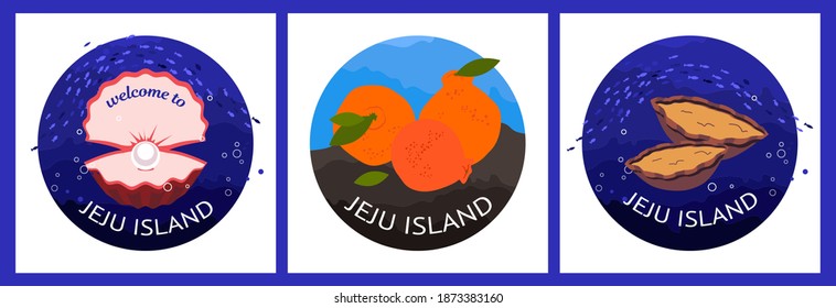 illustration with oyster with pearl, Orange Hallabong and abalone on jeju island. Jeju-do island symbols. Modern abstract design for packaging, paper, fabric, interior decor, souvenirs and clothes