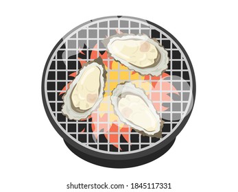 Illustration of oysters baked on a shichirin.
