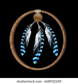 Illustration of a pacific peace sign formed with jay feathers and wooden frame. Indian amulet. New age emblem. Hippie movement. Environment and ecology. Colorful image on a black background.