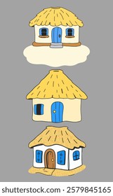 Illustration pack building, charming beach hut with a thatched roof. Beach, ocean theme