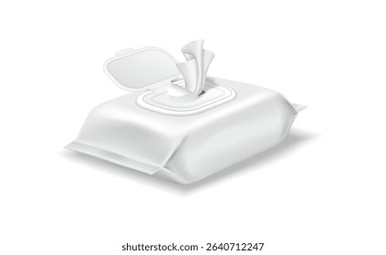 Illustration of a pack of wet wipes with an open lid in a realistic style. The design is predominantly white, emphasizing cleanliness and hygiene, ideal for healthcare products.