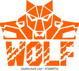 Illustration of a pack of wolf heads viewed from front set on isolated white background with the text word Wolf done in retro style. 