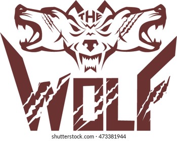 Illustration of a pack of wolf heads viewed from front set on isolated white background with the text word The Wolf done in retro style. 