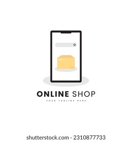 Illustration of a package box contained in a smartphone, suitable for online shop logos.
