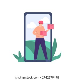 illustration of package delivery concepts, online ordering, online shopping. a courier appears from a smartphone to deliver a package or order. flat design. can be used for elements, landing pages