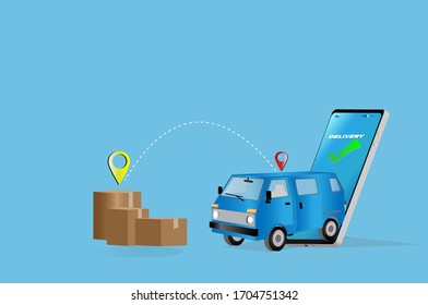 Illustration for package delivery on mobile with van transport.